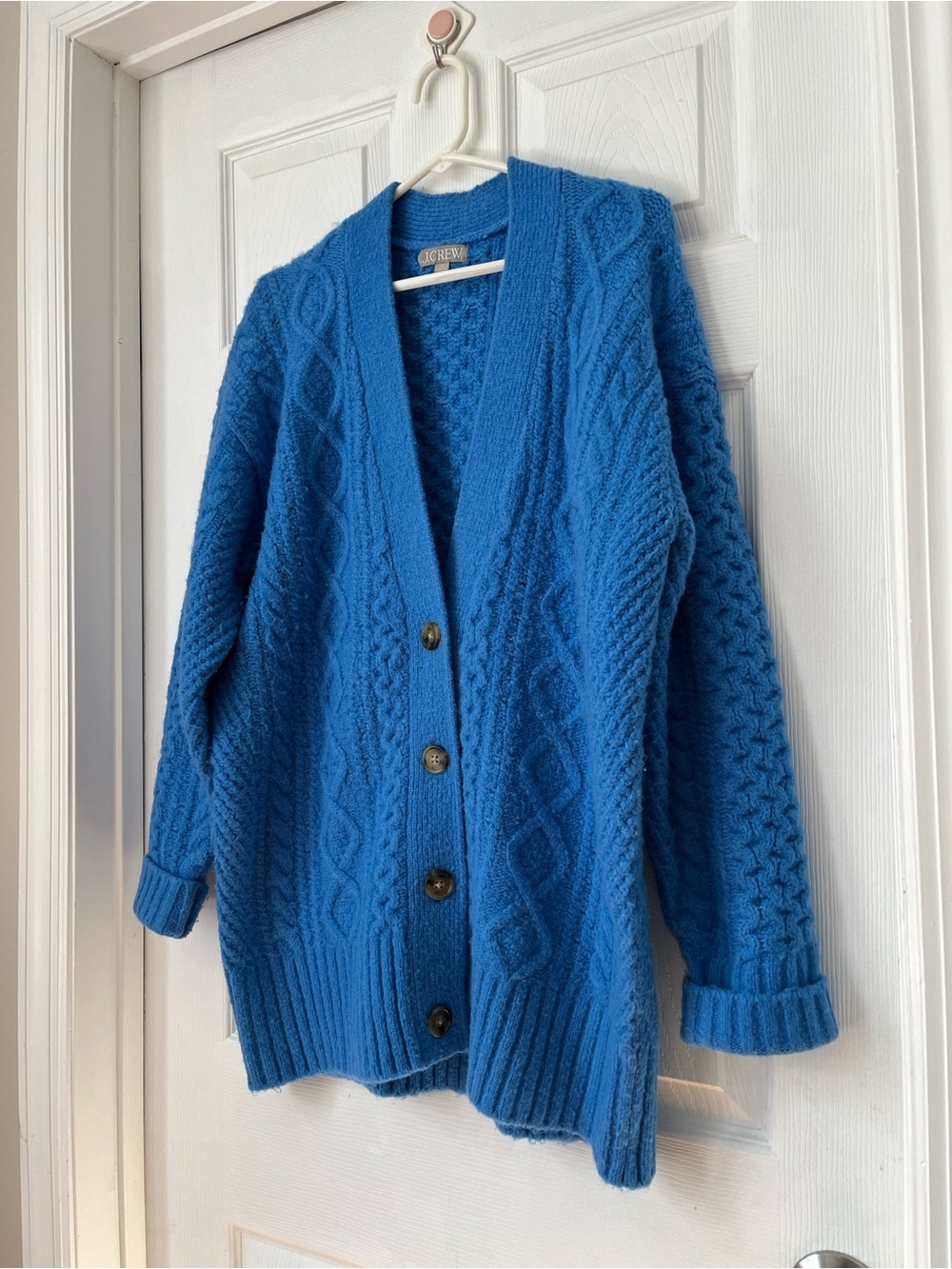J.Crew wool alpaca blend Bright Blue Cable Knit oversized cardigan size S - Picture 8 of 9